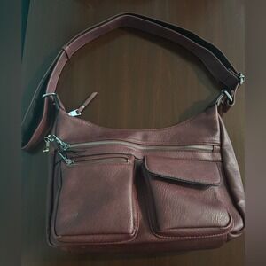 Elle Concealed Carry Hobo Bag Lockable Adjustable Strap Faux Leather Burgundy
